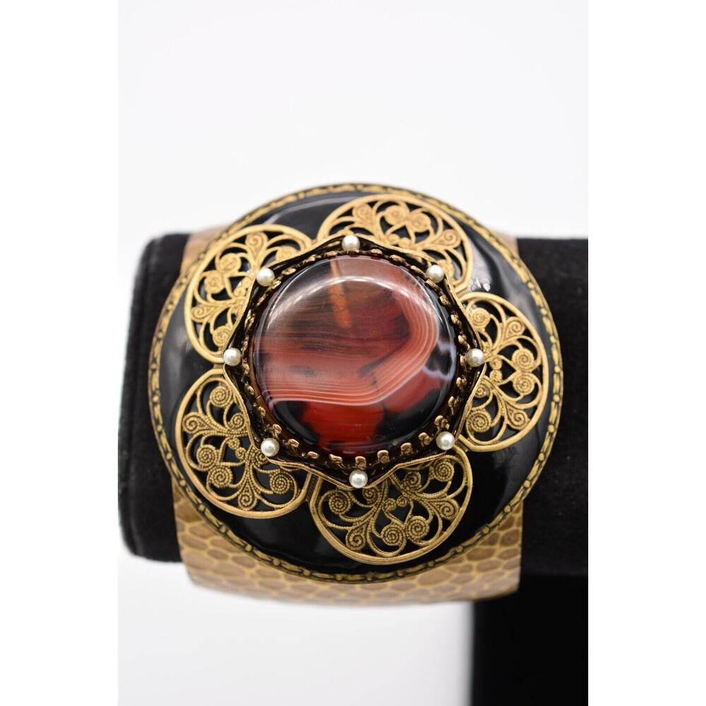 Ollipop Vintage Cabochon Cuff Bangle Bracelet Brass Flower Chunky Signed Bin8